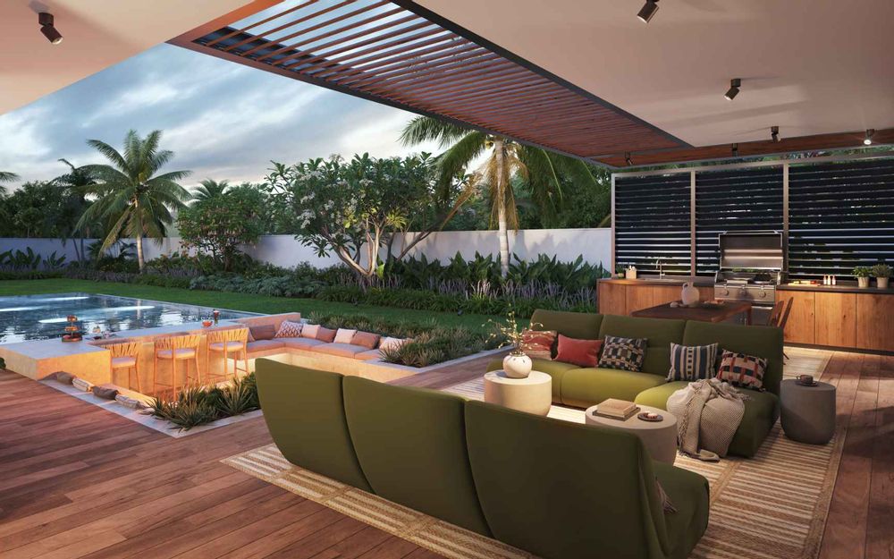 Patio with BBQ, seating area, fire pit and swimming pool