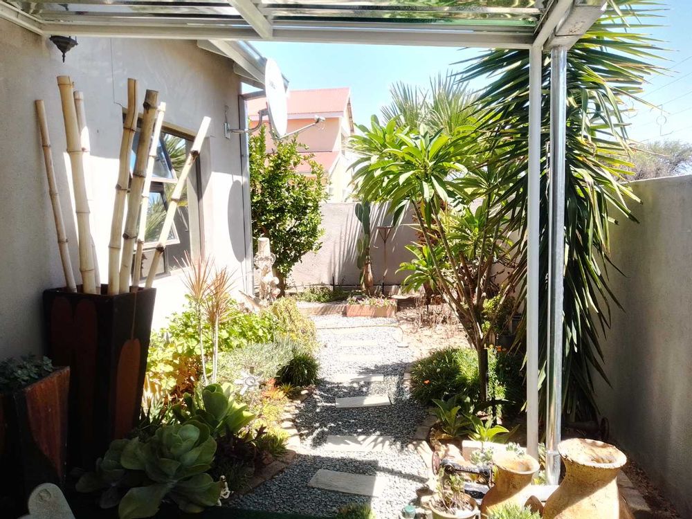 General view of the front garden area, with minimal maintenance.