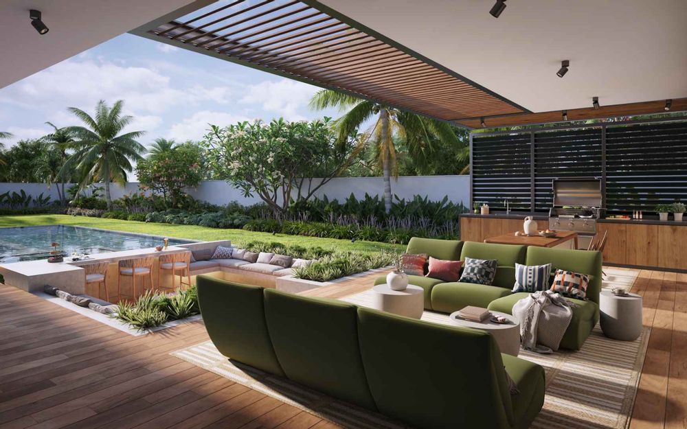 Patio with BBQ, seating area, fire pit and swimming pool