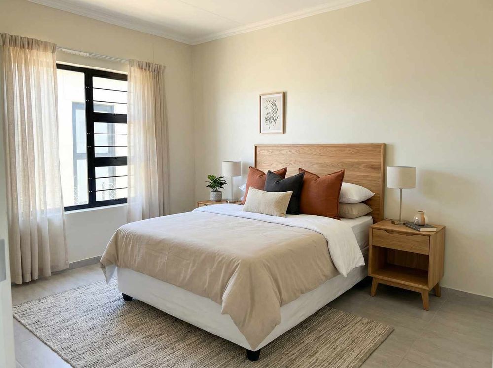 Main bedroom with built-in cupboards and ensuite bathroom.