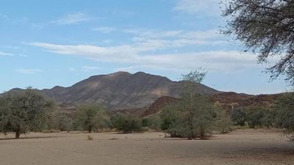 A wider view of river bed, trees and mountains