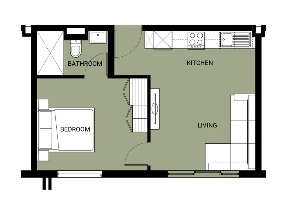 Example plan of a 1 bedroom apartment