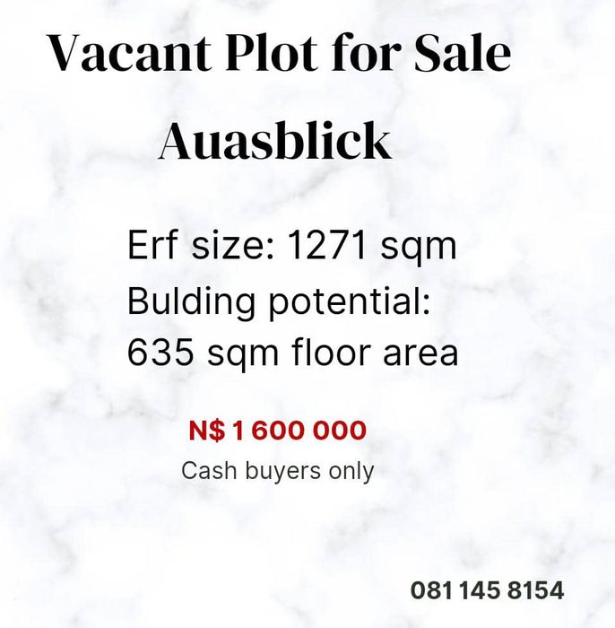 Vacant Land for Sale in Auasblick: 1,271 m2 with 635 m2 building potential.