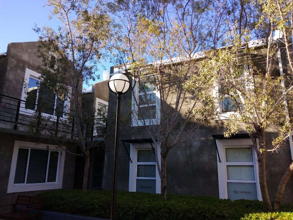 View of office from the outside. On the first floor.