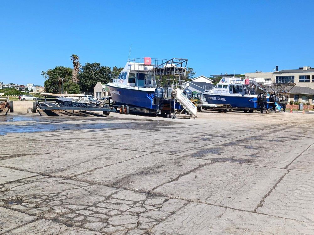 Shark cage diving boats (in Kleinbaai harbour) - waiting to be launched.