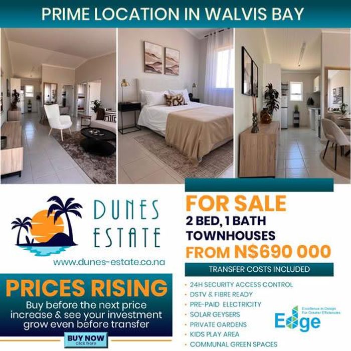 Townhouse for Sale in Walvis Bay Central: 2 bedrooms, gated community, high rental potential.
