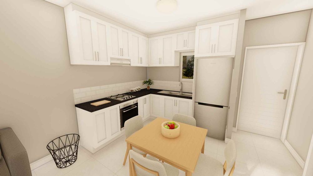 Kitchen in white cupboards - colour can be swapped with wood and grey.