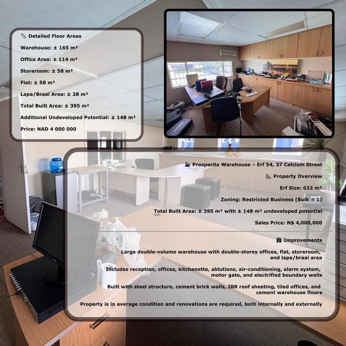 For Sale: Prosperita Business with office, warehouse, flat, and ample parking.