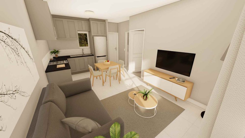Open plan kitchen and living area. (Note kitchen in grey)