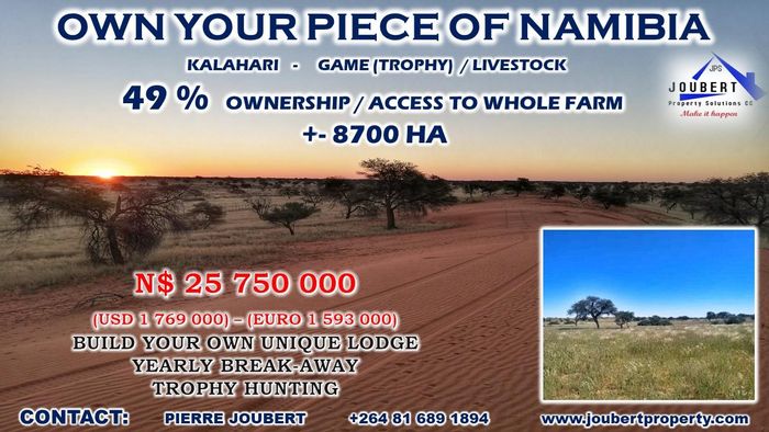 Farm for Sale in Mariental Central: 8700ha with game, water sources, and business potential.