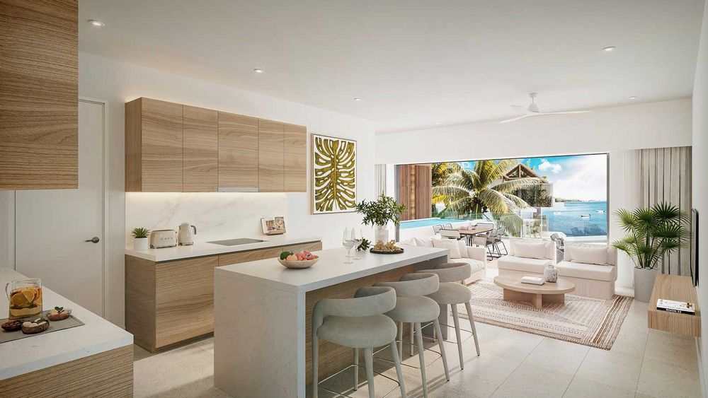 Kitchen, lounge and terrace with a pool