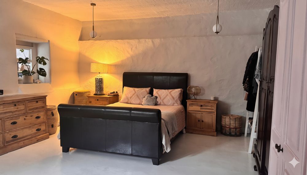 Large bedroom with doors leading to courtyard