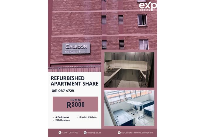 Fully furnished apartment in Sunnyside, Pretoria, ideal for shared living. To Rent.