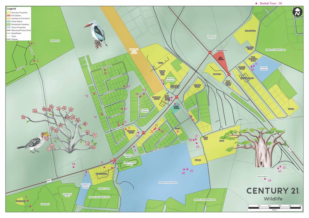 Map of Hoedspruit town showing the Baobab locations by number